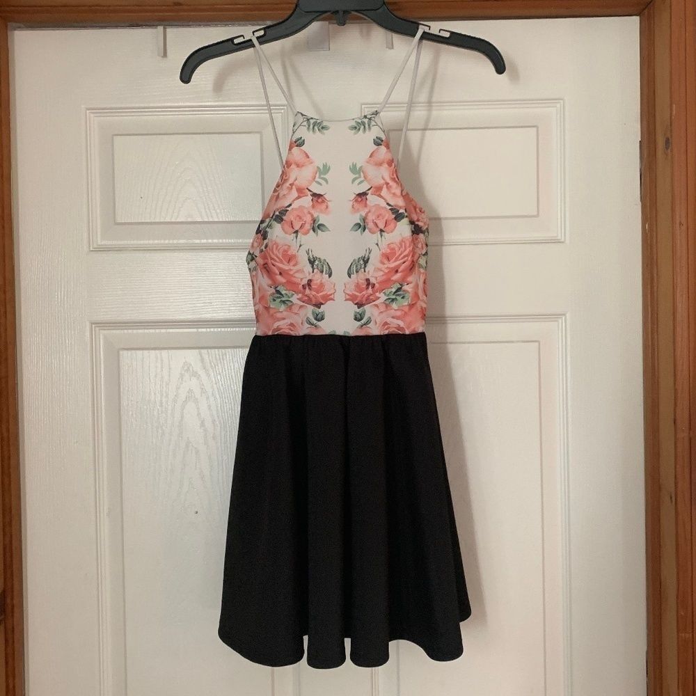 Papaya Dress with Floral Top and Black Bottom